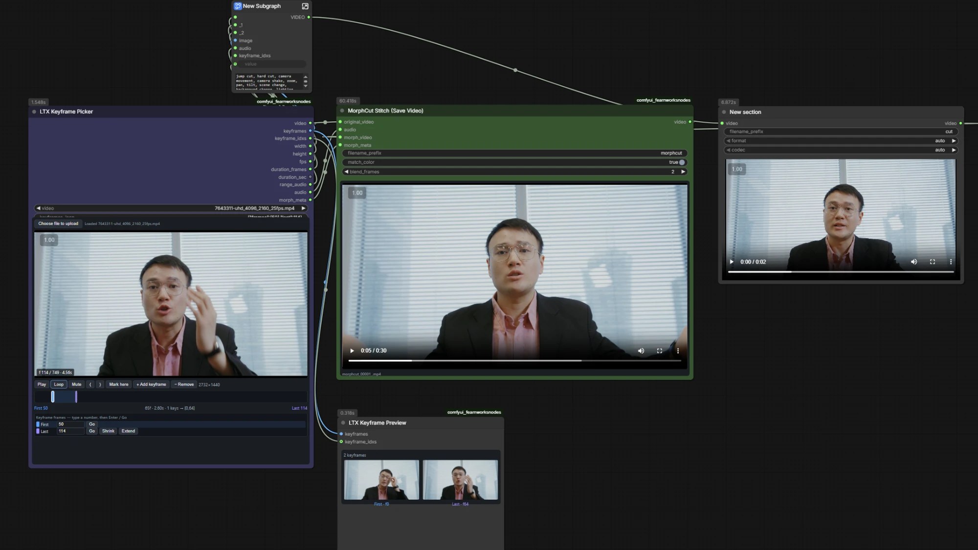 ComfyUI MorphCut nodes wired up: keyframe picker timeline, generation, and stitched output preview