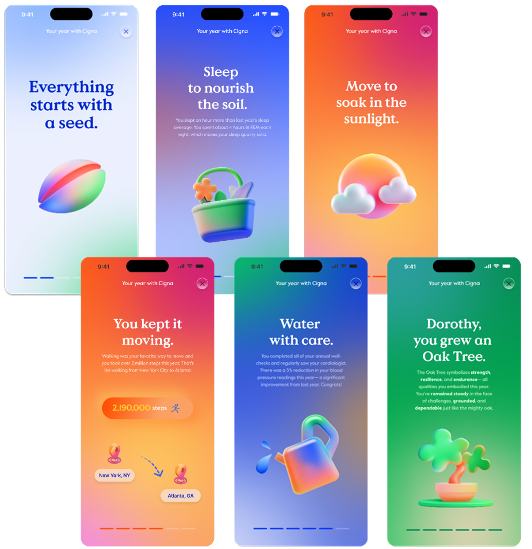 Reskinned Cigna app interface screens